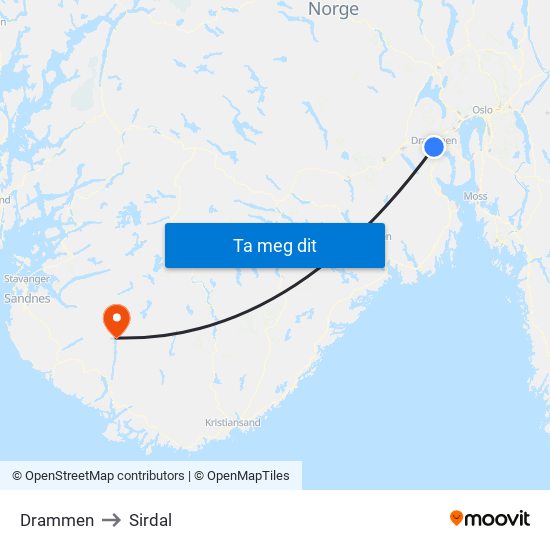 Drammen to Sirdal map
