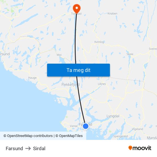 Farsund to Sirdal map