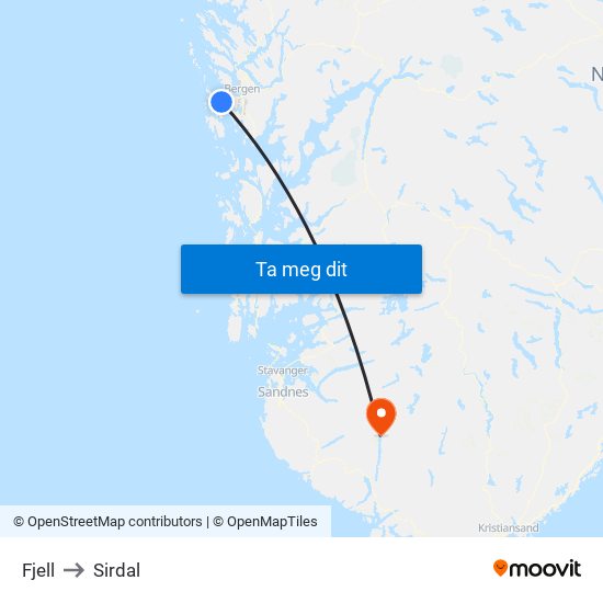 Fjell to Sirdal map