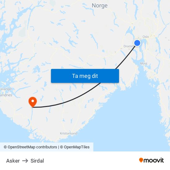 Asker to Sirdal map