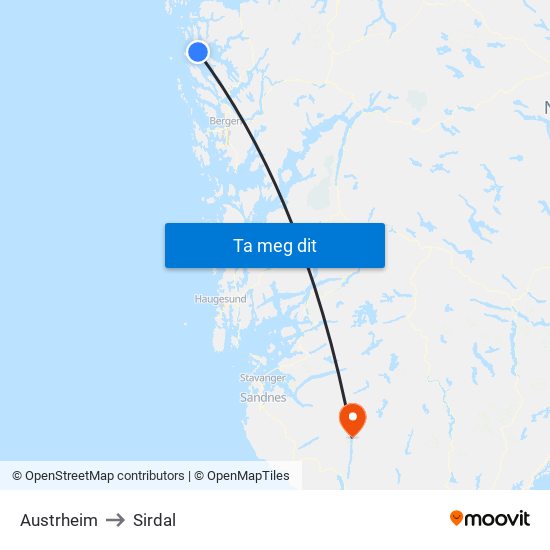 Austrheim to Sirdal map