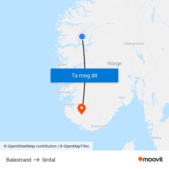 Balestrand to Sirdal map