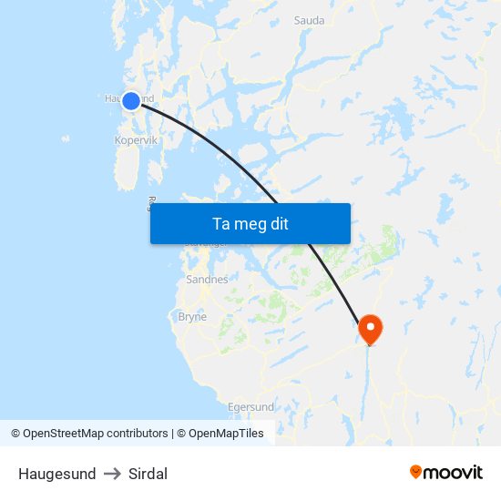 Haugesund to Sirdal map