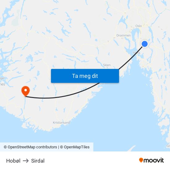 Hobøl to Sirdal map