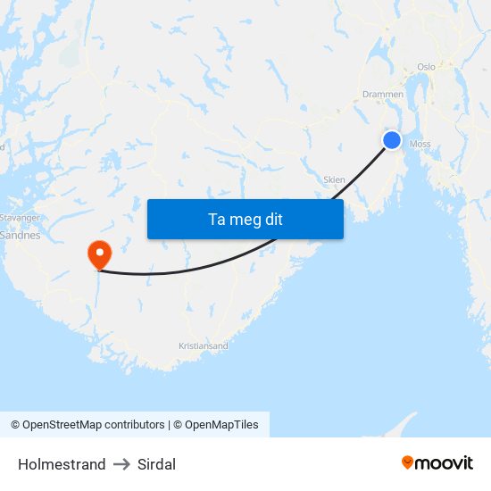 Holmestrand to Sirdal map