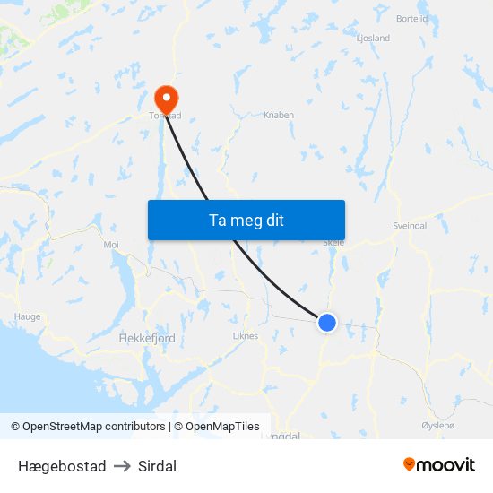 Hægebostad to Sirdal map