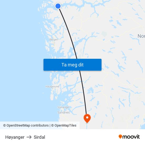 Høyanger to Sirdal map