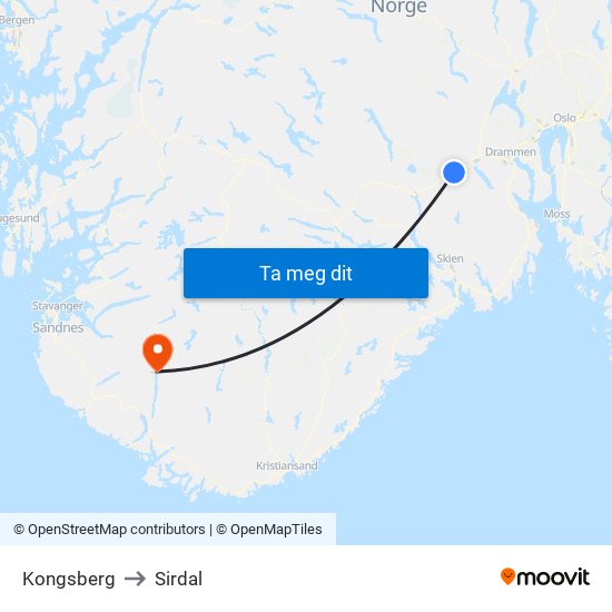 Kongsberg to Sirdal map