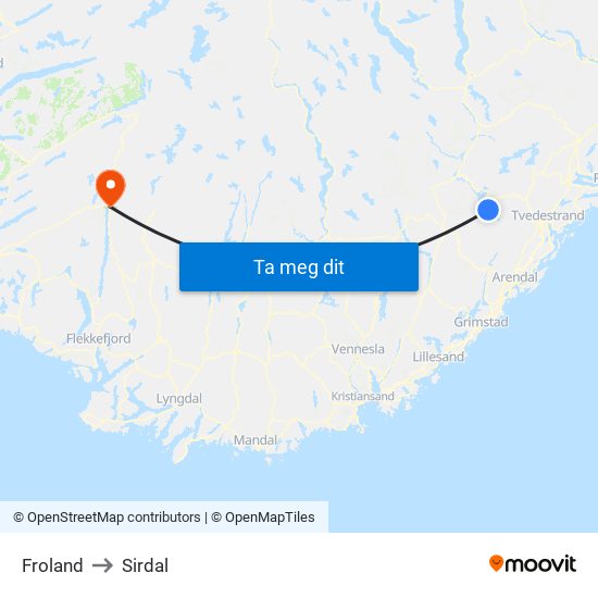 Froland to Sirdal map