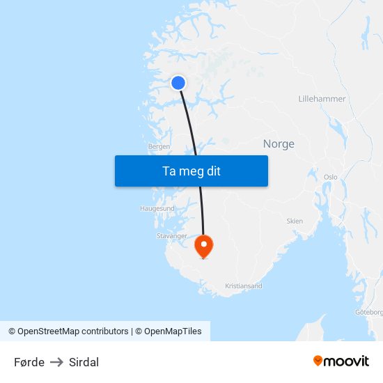 Førde to Sirdal map