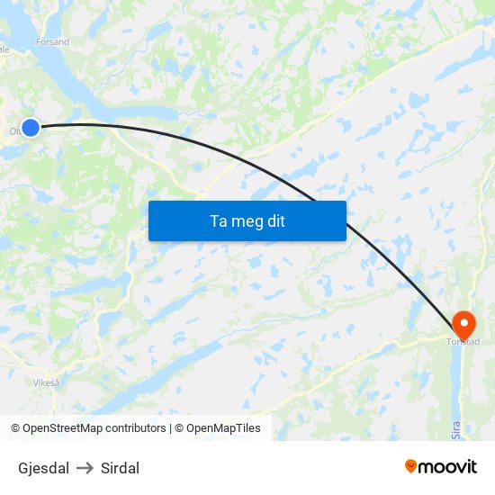 Gjesdal to Sirdal map