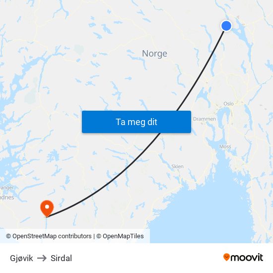 Gjøvik to Sirdal map