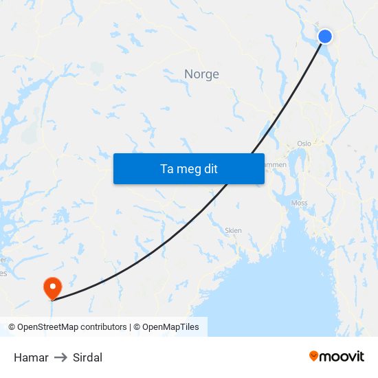 Hamar to Sirdal map