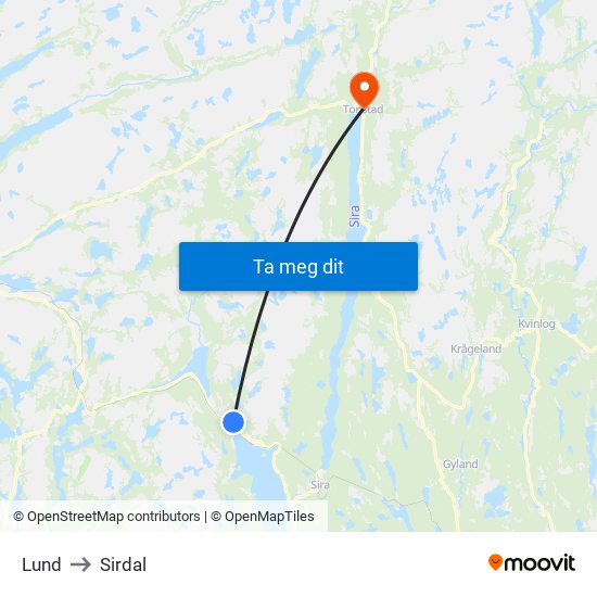 Lund to Sirdal map
