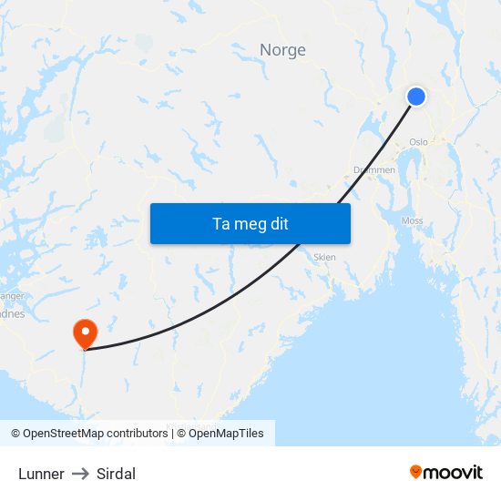 Lunner to Sirdal map