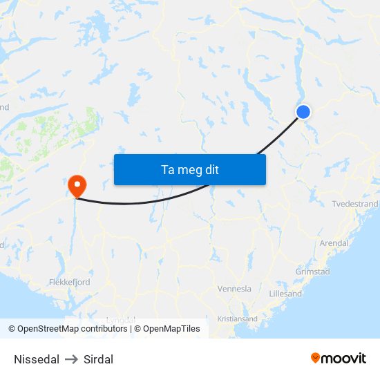 Nissedal to Sirdal map