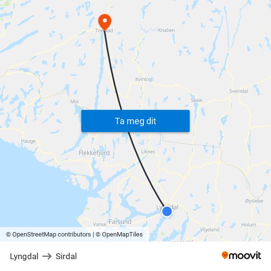 Lyngdal to Sirdal map