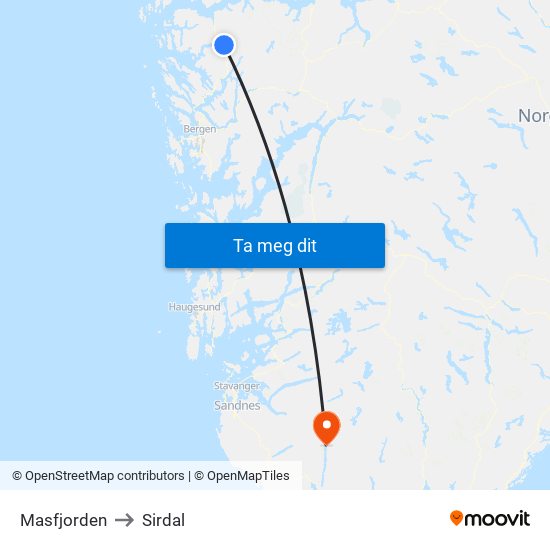 Masfjorden to Sirdal map