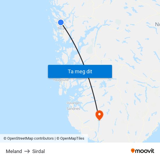 Meland to Sirdal map