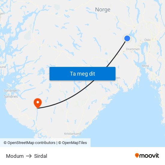 Modum to Sirdal map