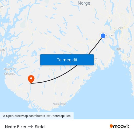 Nedre Eiker to Sirdal map