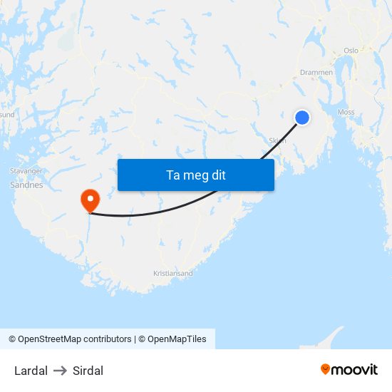 Lardal to Sirdal map