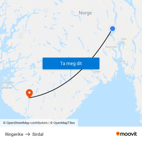 Ringerike to Sirdal map