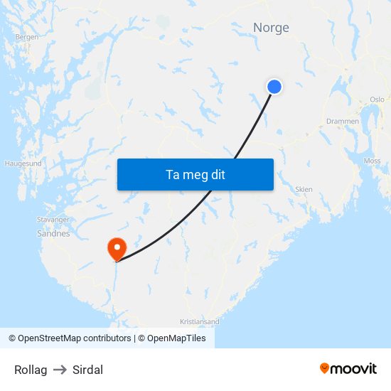 Rollag to Sirdal map