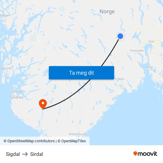 Sigdal to Sirdal map