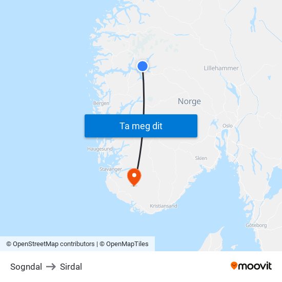 Sogndal to Sirdal map