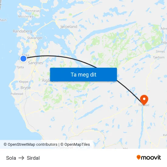 Sola to Sirdal map