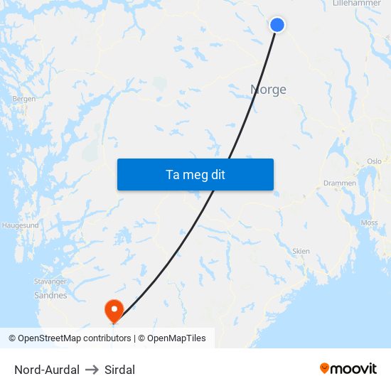 Nord-Aurdal to Sirdal map