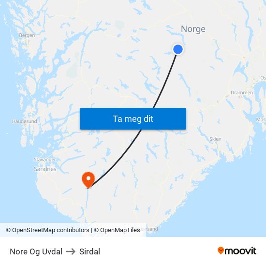 Nore Og Uvdal to Sirdal map