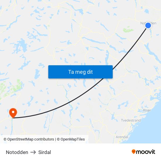 Notodden to Sirdal map