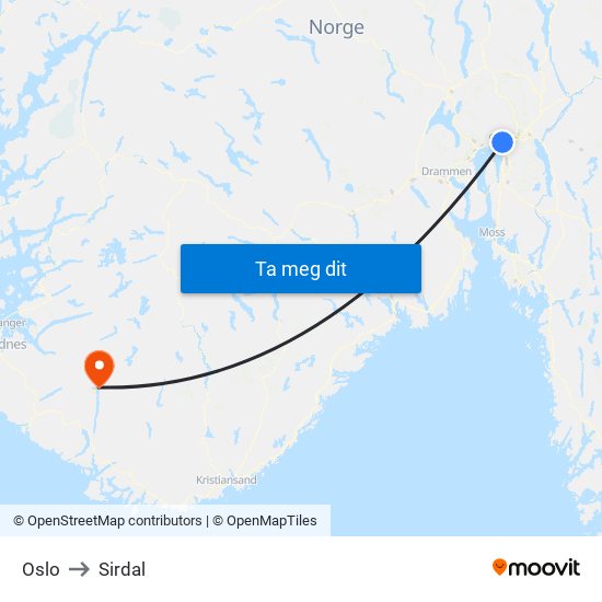 Oslo to Sirdal map