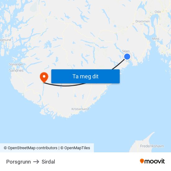 Porsgrunn to Sirdal map