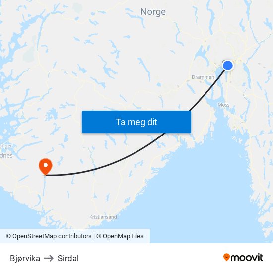 Bjørvika to Sirdal map