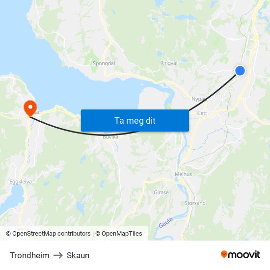 Trondheim to Skaun map