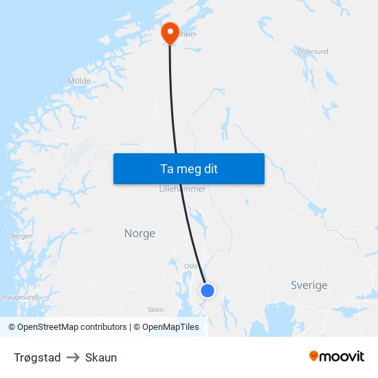 Trøgstad to Skaun map