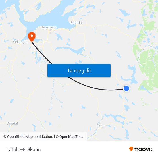 Tydal to Skaun map