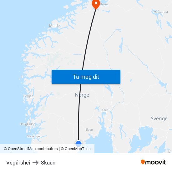 Vegårshei to Skaun map