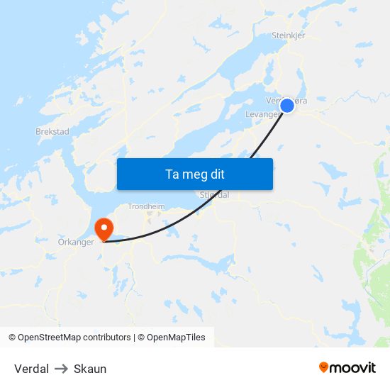 Verdal to Skaun map