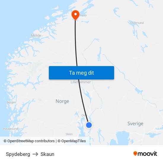 Spydeberg to Skaun map