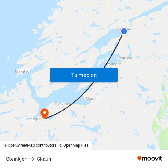 Steinkjer to Skaun map