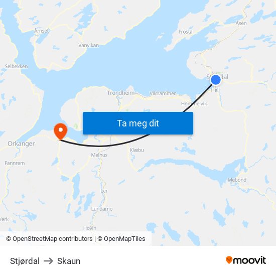 Stjørdal to Skaun map