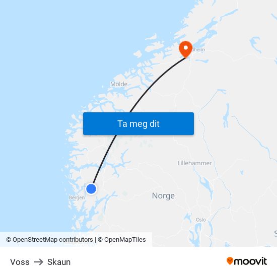 Voss to Skaun map