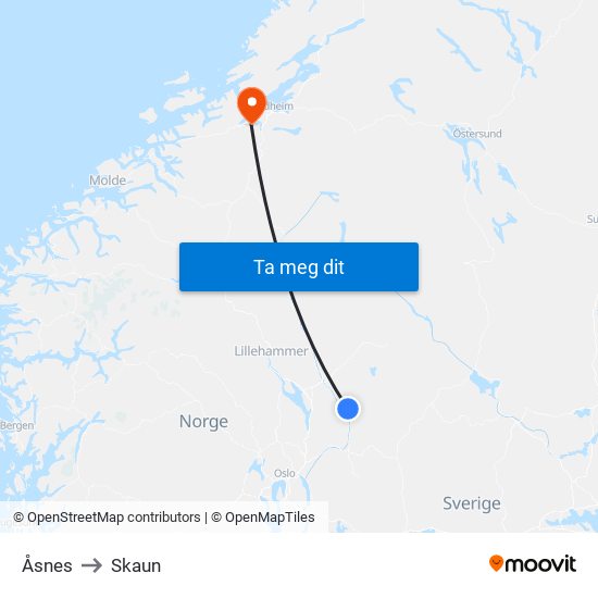 Åsnes to Skaun map