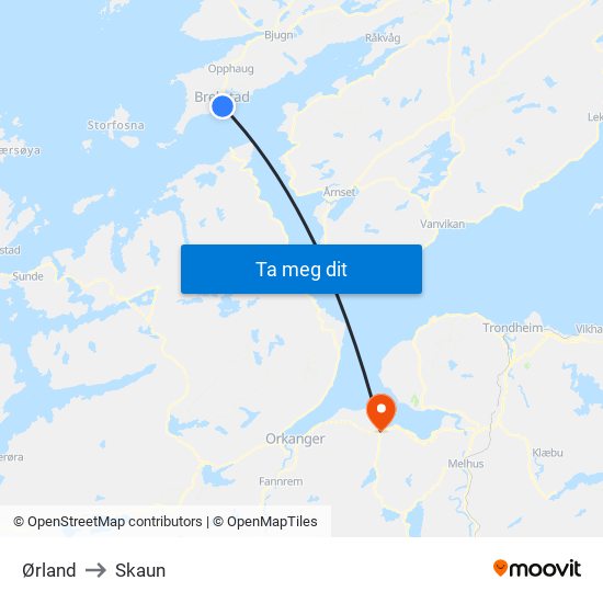 Ørland to Skaun map