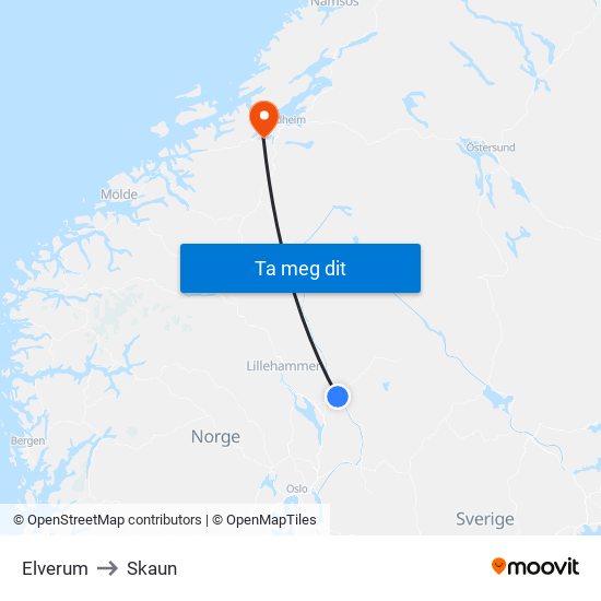 Elverum to Skaun map