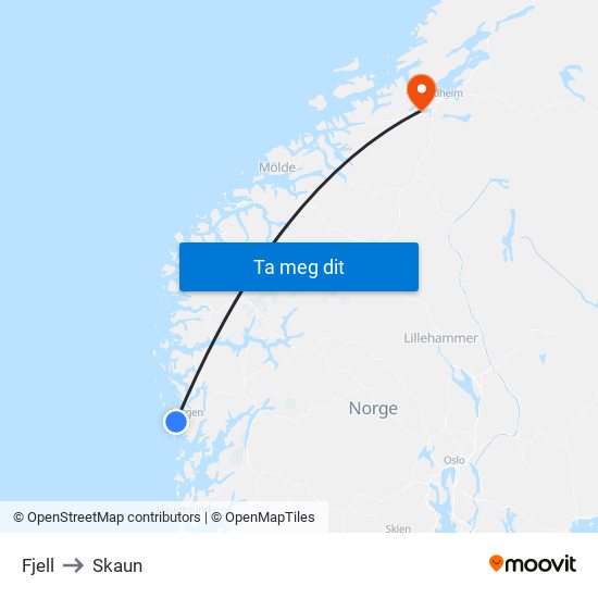 Fjell to Skaun map